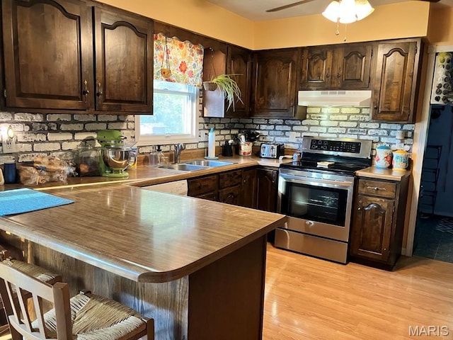 kitchen with stainless steel range with electric stovetop, a sink, under cabinet range hood, dark brown cabinets, and a peninsula