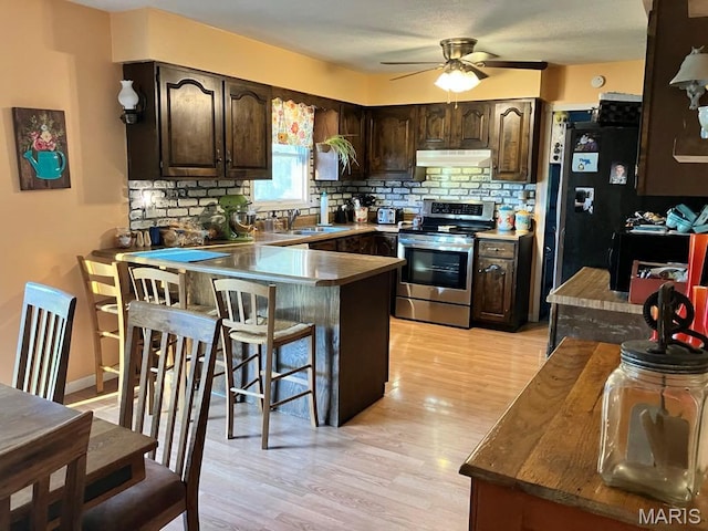 kitchen featuring stainless steel electric stove, under cabinet range hood, a peninsula, decorative backsplash, and dark brown cabinets