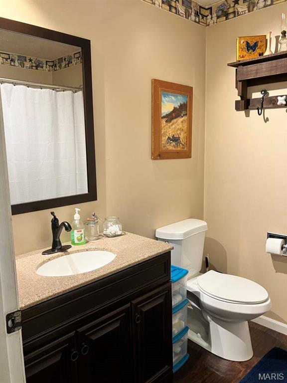 bathroom with toilet, vanity, and wood finished floors