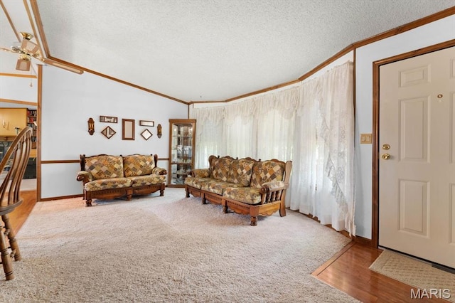 living area with crown molding, a textured ceiling, wood finished floors, and baseboards