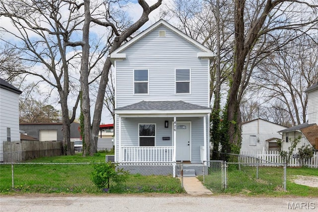 view of front of house featuring a porch and a gate