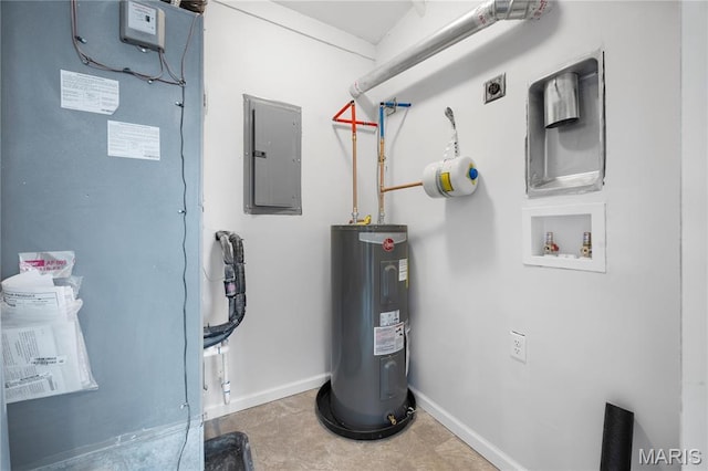utilities featuring electric panel, electric water heater, and heating unit