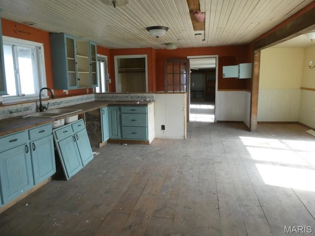 309 Talmadge St, Witt, IL 62094 - kitchen featuring a sink, wood-type flooring, a wainscoted wall, blue cabinets, and wood ceiling