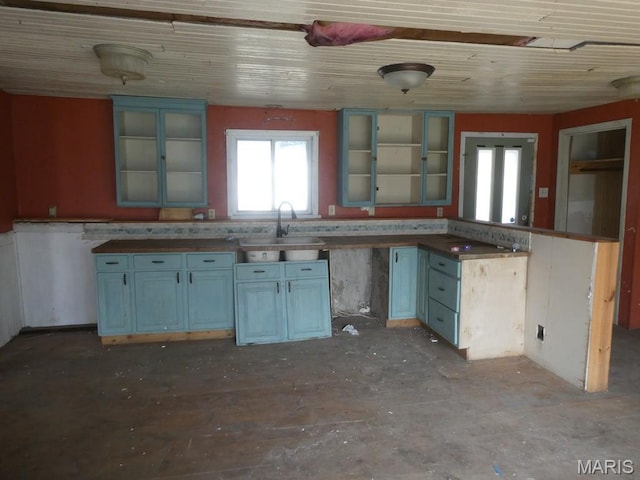 309 Talmadge St, Witt, IL 62094 - kitchen with a sink, glass insert cabinets, and blue cabinetry