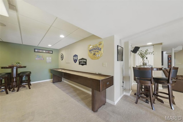 playroom with carpet flooring, baseboards, a drop ceiling, pool table, and recessed lighting