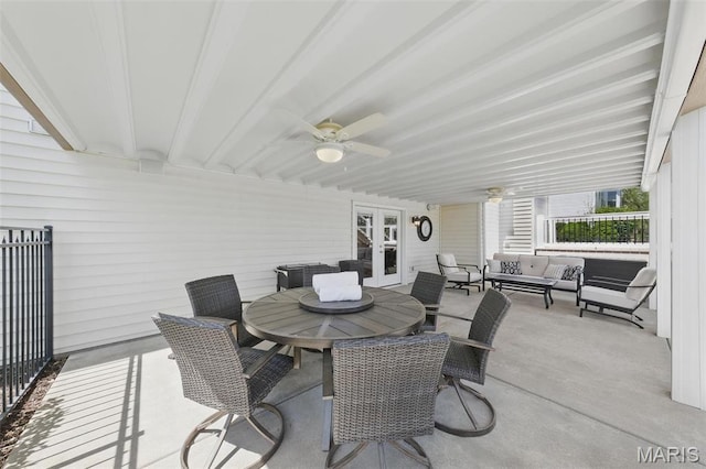 view of patio / terrace with outdoor lounge area, french doors, outdoor dining area, and ceiling fan
