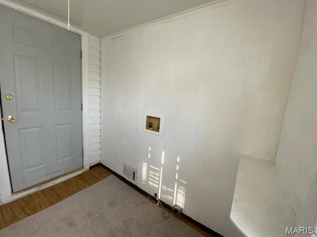 washroom with hookup for a washing machine, carpet floors, and attic access