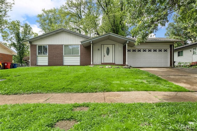 1455 Burnside Ct, Florissant, MO 63031 - ranch-style house featuring driveway, a garage, a front yard, and brick siding