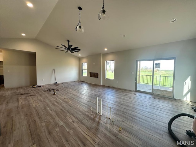 624 Glendale Dr, Troy, IL 62294 - unfurnished living room featuring wood finished floors, lofted ceiling, a ceiling fan, and recessed lighting
