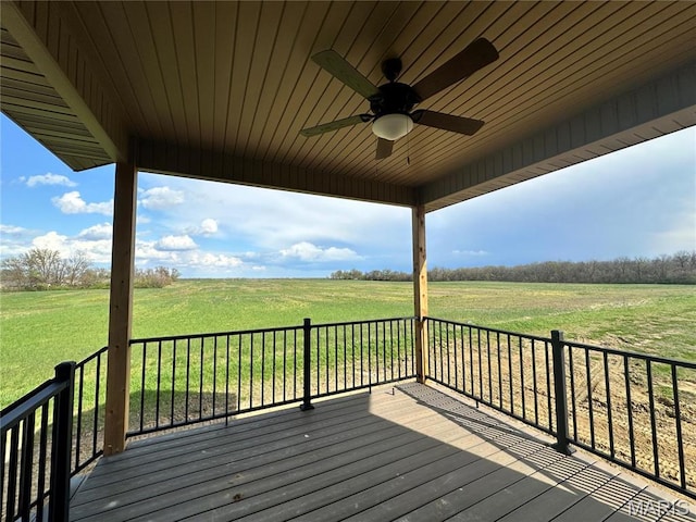 624 Glendale Dr, Troy, IL 62294 - deck featuring a ceiling fan, a view of countryside, and a yard