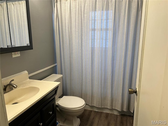 127 Whitelaw Ave, East Alton, IL 62024 - bathroom featuring wood finished floors, toilet, vanity, and curtained shower