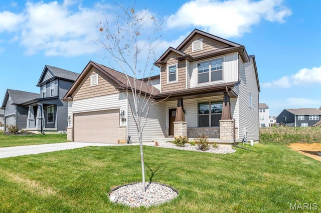 536 Edison Way, Wentzville, MO 63385 - craftsman inspired home with stone siding, covered porch, driveway, a front yard, and an attached garage