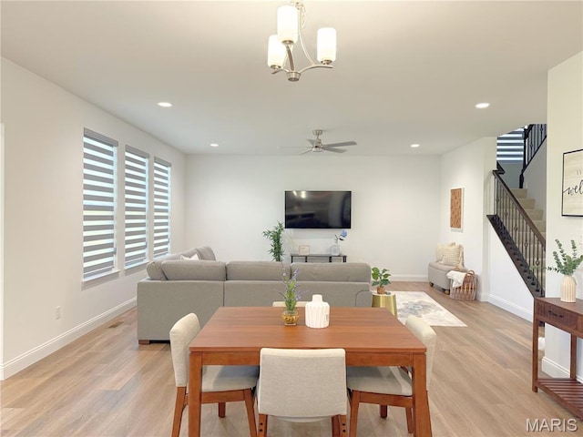 536 Edison Way, Wentzville, MO 63385 - dining area featuring light wood-type flooring, stairway, a ceiling fan, baseboards, and recessed lighting