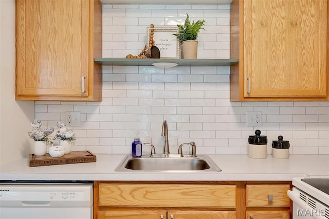 1707 Mayenne Ct Unit B, Saint Louis, MO 63125 - kitchen with white appliances, a sink, light countertops, backsplash, and open shelves