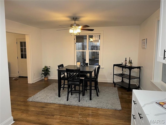 5811 Dewey Ave, Saint Louis, MO 63116 - dining space featuring a ceiling fan, dark wood-style flooring, and baseboards