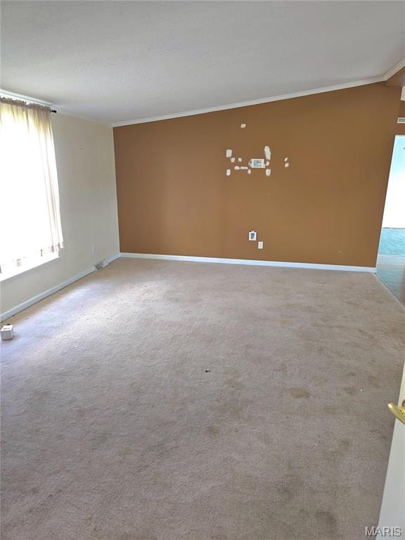 unfurnished room with crown molding, baseboards, and carpet