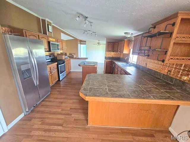 kitchen with stainless steel appliances, a peninsula, tasteful backsplash, wood finished floors, and a sink