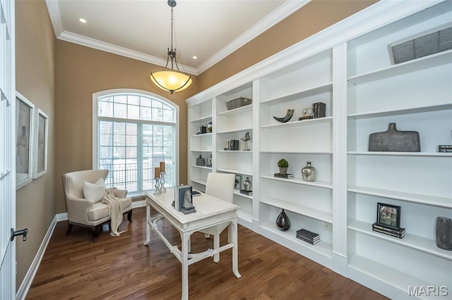 office area with ornamental molding, dark wood finished floors, and baseboards
