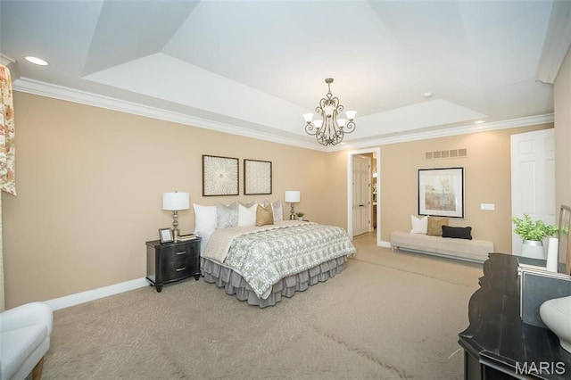 bedroom featuring a raised ceiling, carpet flooring, a chandelier, baseboards, and crown molding
