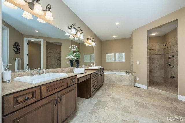 bathroom with tiled shower, a garden tub, double vanity, recessed lighting, and baseboards