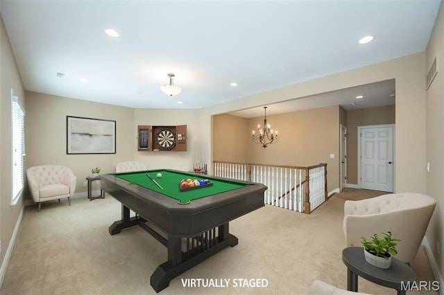 game room featuring carpet flooring, recessed lighting, a chandelier, baseboards, and pool table