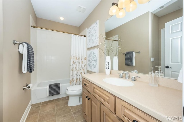 full bath with toilet, vanity, baseboards, shower / tub combo, and tile patterned floors