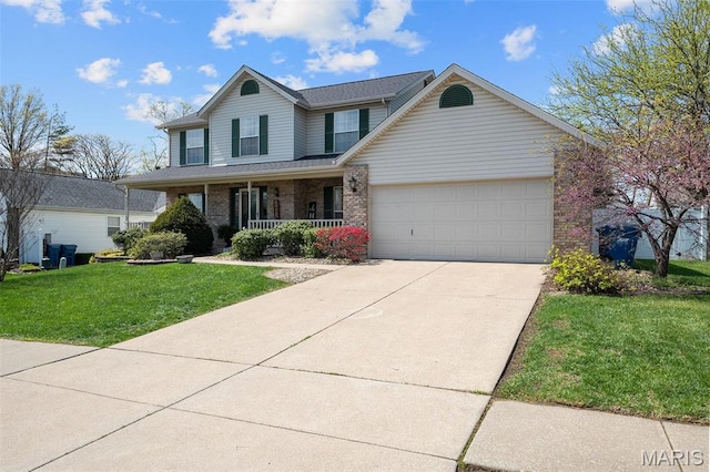 view of front of home featuring a porch, an attached garage, driveway, a front lawn, and brick siding