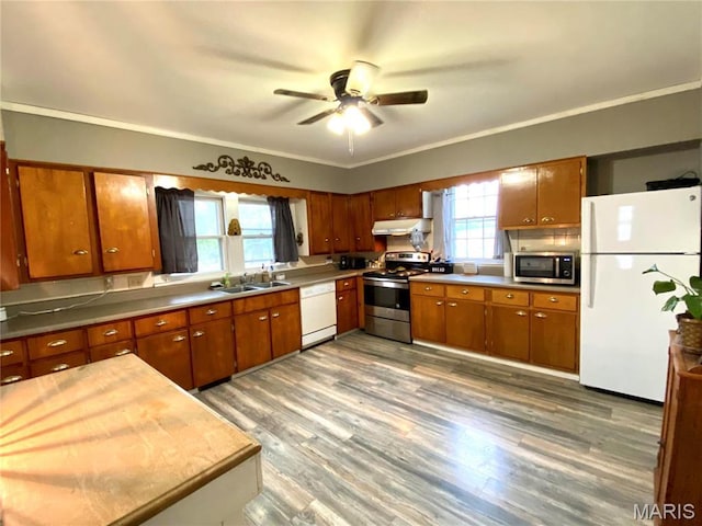 111 SE St, Wellsville, MO 63384 - kitchen with appliances with stainless steel finishes, under cabinet range hood, a sink, brown cabinetry, and ornamental molding