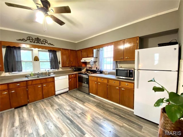 111 SE St, Wellsville, MO 63384 - kitchen with stainless steel appliances, under cabinet range hood, crown molding, light wood finished floors, and brown cabinets