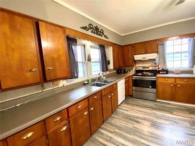 111 SE St, Wellsville, MO 63384 - kitchen featuring stainless steel range with electric cooktop, under cabinet range hood, a sink, white dishwasher, and light wood-style floors