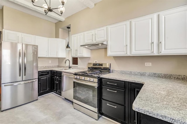 4021 Winnebago St, Saint Louis, MO 63116 - kitchen featuring stainless steel appliances, dark cabinetry, a sink, and white cabinets