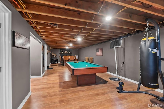 playroom with baseboards, billiards table, and wood finished floors