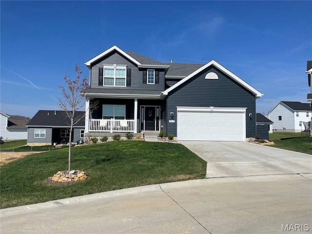 809 Colony Ridge Ct, Foristell, MO 63348 - traditional-style house featuring a porch, concrete driveway, a front lawn, a garage, and a shingled roof
