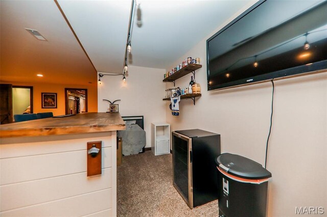 2605 Buenger Blvd, Granite City, IL 62040 - kitchen with carpet floors, butcher block countertops, open shelves, and recessed lighting