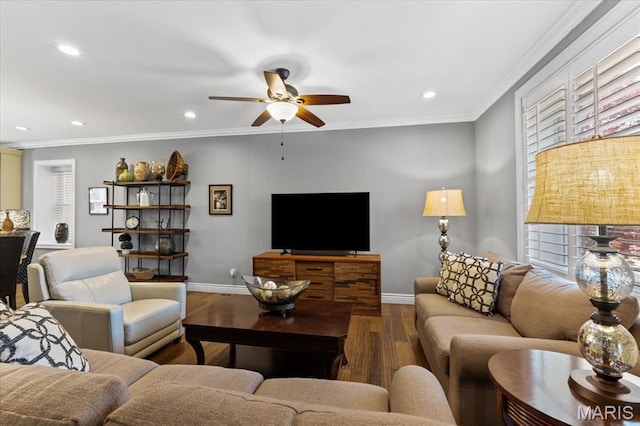 3884 Wyoming St, Saint Louis, MO 63116 - living area featuring wood finished floors, a ceiling fan, baseboards, ornamental molding, and recessed lighting