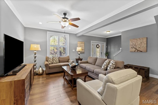 3884 Wyoming St, Saint Louis, MO 63116 - living area with ceiling fan, wood finished floors, recessed lighting, baseboards, and ornamental molding