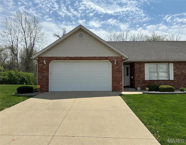 7618 Baxter Dr, Belleville, IL 62223 - ranch-style house featuring brick siding, concrete driveway, a front lawn, a garage, and a shingled roof