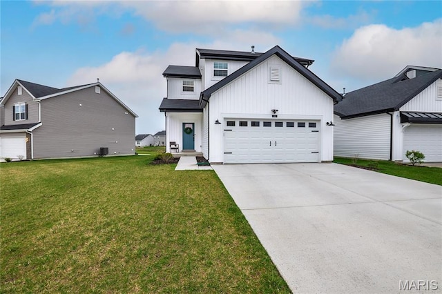 modern farmhouse with board and batten siding, a front lawn, driveway, and an attached garage