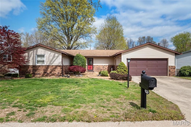ranch-style home featuring brick siding, a garage, concrete driveway, and a front yard