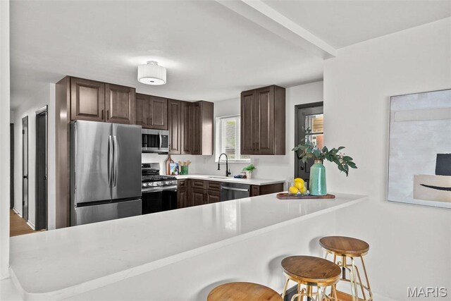 1015 Louisville Ave, Saint Louis, MO 63139 - kitchen with appliances with stainless steel finishes, a sink, light countertops, a kitchen bar, and dark brown cabinets