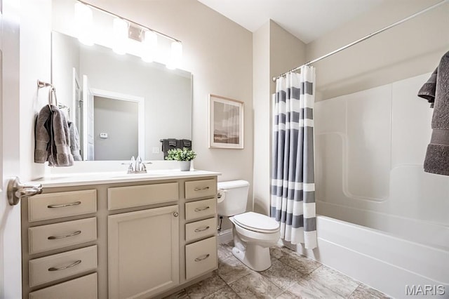 bathroom with toilet, vanity, and shower / bath combination with curtain