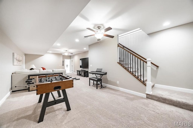 rec room with ceiling fan, carpet floors, baseboards, and recessed lighting
