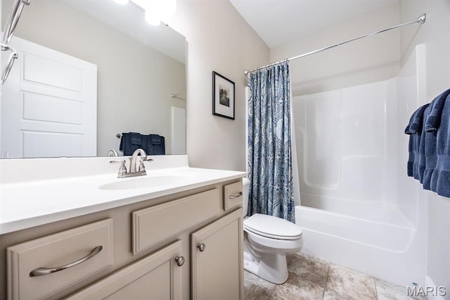 full bath featuring toilet, vanity, and shower / bath combo with shower curtain