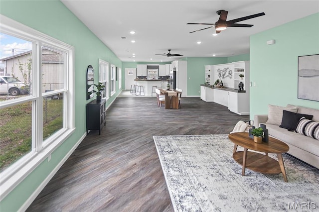 731 Dugger St, Bethalto, IL 62010 - living area with ceiling fan, baseboards, recessed lighting, and dark wood finished floors