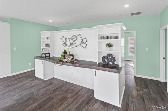 731 Dugger St, Bethalto, IL 62010 - kitchen featuring open shelves, dark countertops, dark wood-style floors, recessed lighting, and white cabinetry