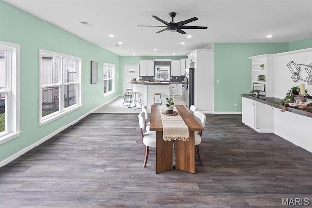 731 Dugger St, Bethalto, IL 62010 - dining space featuring a ceiling fan, plenty of natural light, recessed lighting, dark wood finished floors, and baseboards