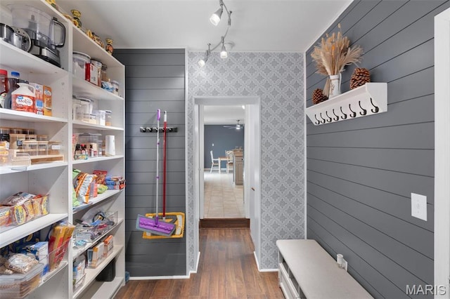 mudroom featuring hardwood / wood-style floors, a ceiling fan, and track lighting