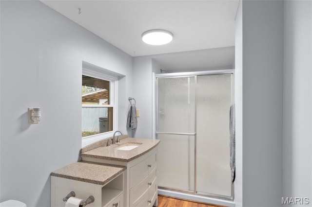 full bath featuring a shower stall, vanity, and wood finished floors