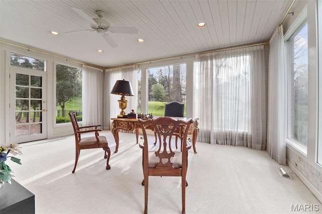 21 Log Cabin Dr, Saint Louis, MO 63124 - office featuring light carpet, recessed lighting, ceiling fan, and wooden ceiling
