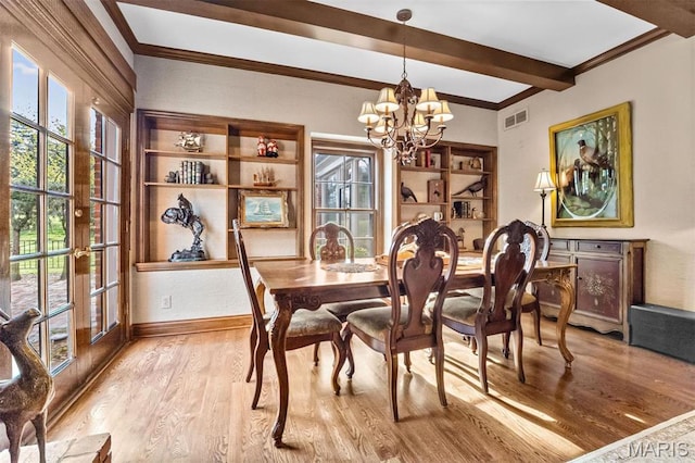 21 Log Cabin Dr, Saint Louis, MO 63124 - dining space with wood finished floors, a chandelier, beam ceiling, baseboards, and ornamental molding